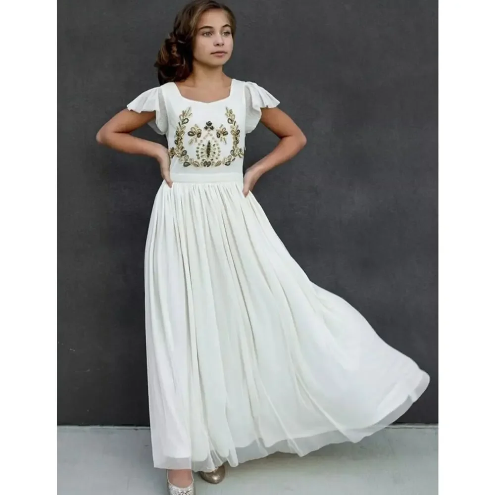 Mia Joy Girls Ivory Maxi Dress With Gold Embellished Bodice Flutter Sleeves & Fl - Picture 14 of 16